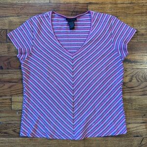 VTG THE LIMITED Women's V-Neck Cap Sleeve Striped Shirt Cotton Made in USA SZ L‎